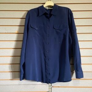 Joanna Button-Up Shirt Roll-Tab Sleeves Collared Relaxed Fit Navy‎ Blue L